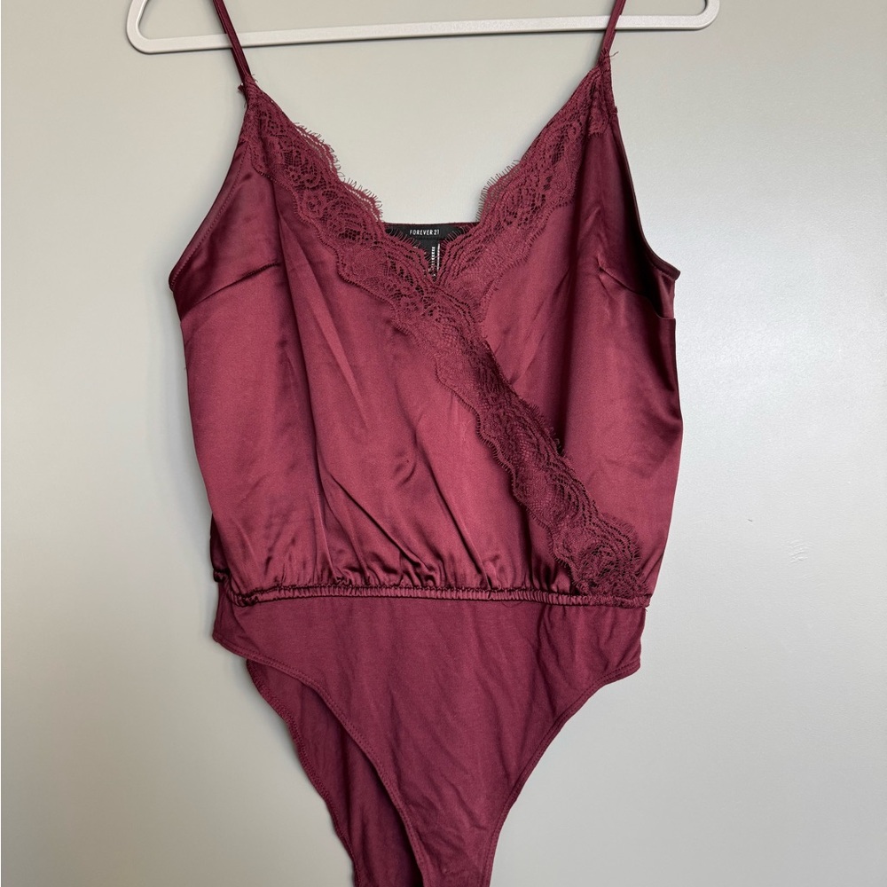 Burgundy Satin and Lace Trim Tank Top Bodysuit
